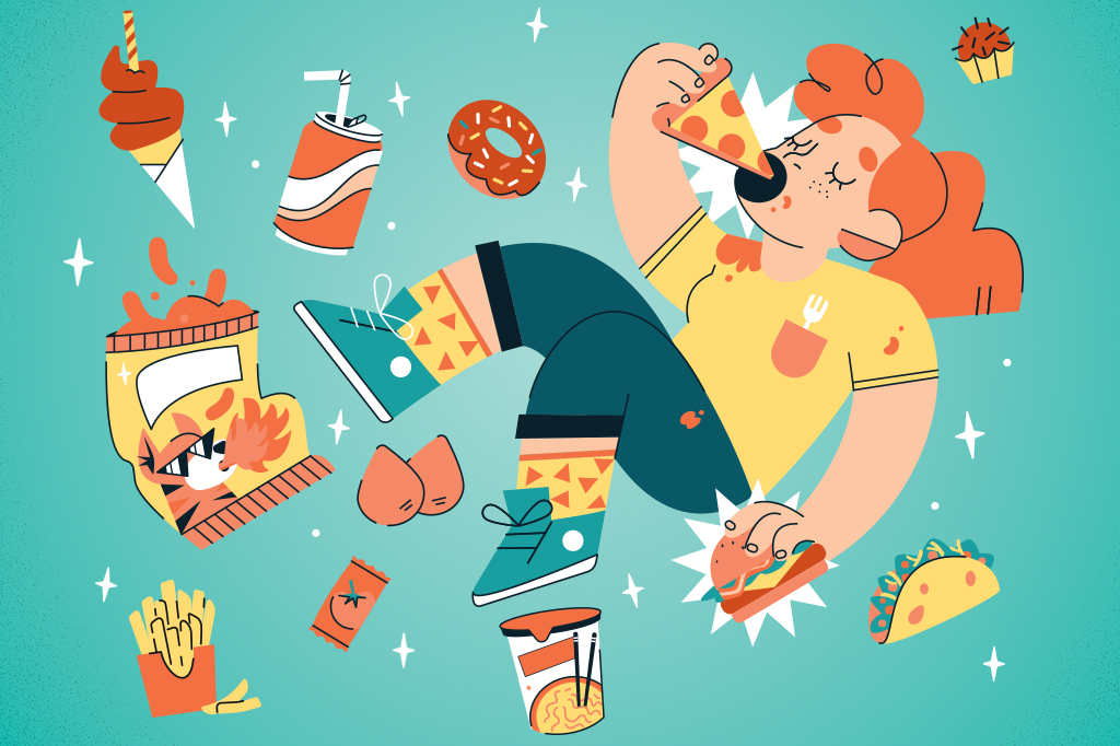 Ilustração de uma pessoa flutuando ao redor de comidas gostosas e não saudáveis.