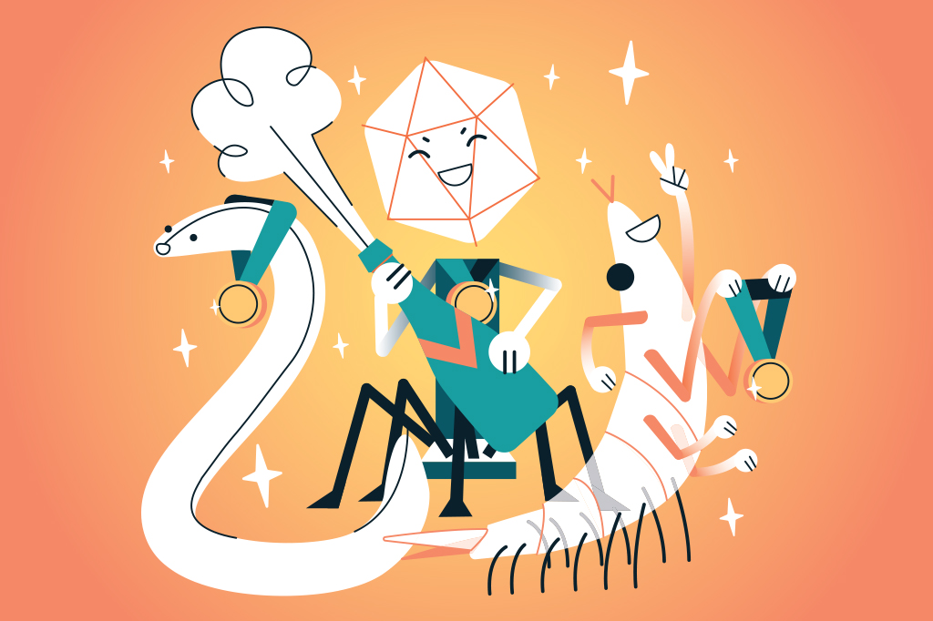 Ilustração de um vírus, um krill e um verme segurando medalhas e comemorando.