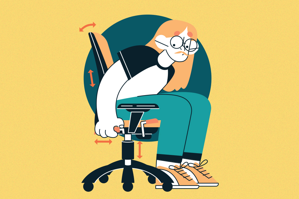 Ilustração de uma pessoa testando todos os ajustes de uma cadeira.