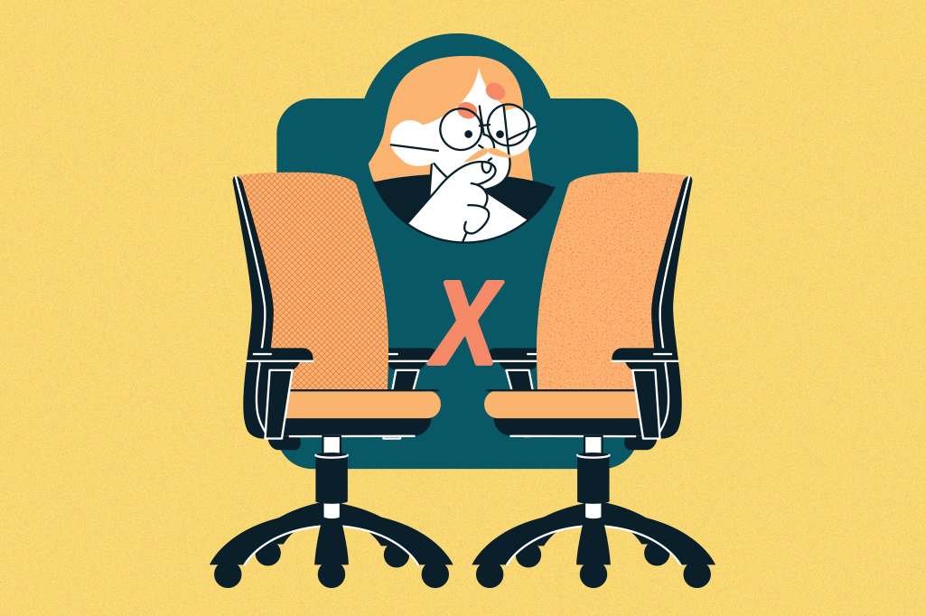 Ilustração de uma pessoa em dúvida entre uma cadeira de couro e uma de telinha.