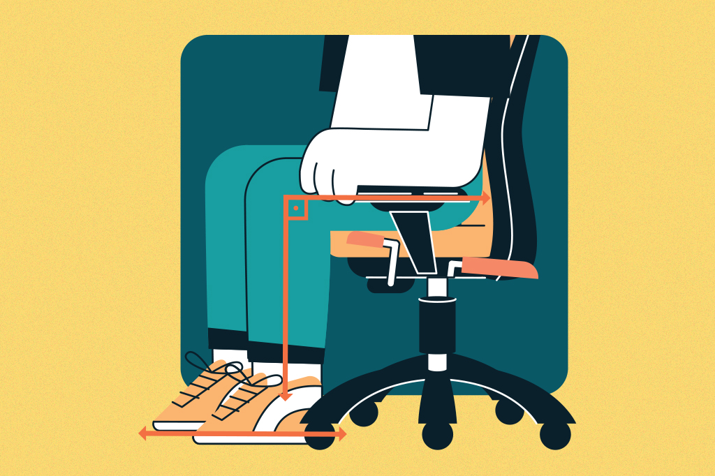 Ilustração mostrando o ângulo reto entre e a perna e a coxa de uma pessoa sentada em uma cadeira.