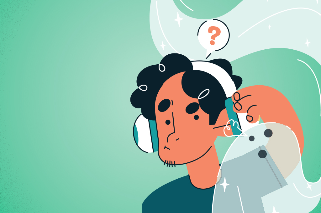 Ilustração de uma pessoa usando fones de ouvido e um fantasminha sussurrando em seu ouvido.