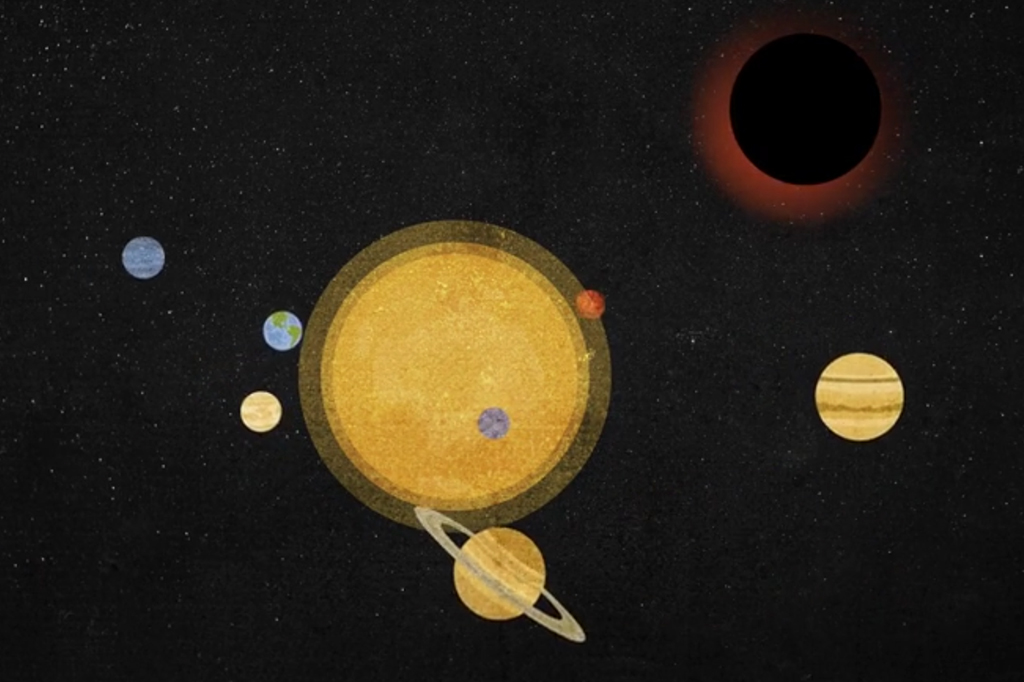 ilustração fora de escala do sistema solar em primeiro plano com o novo buraco negro em segundo.