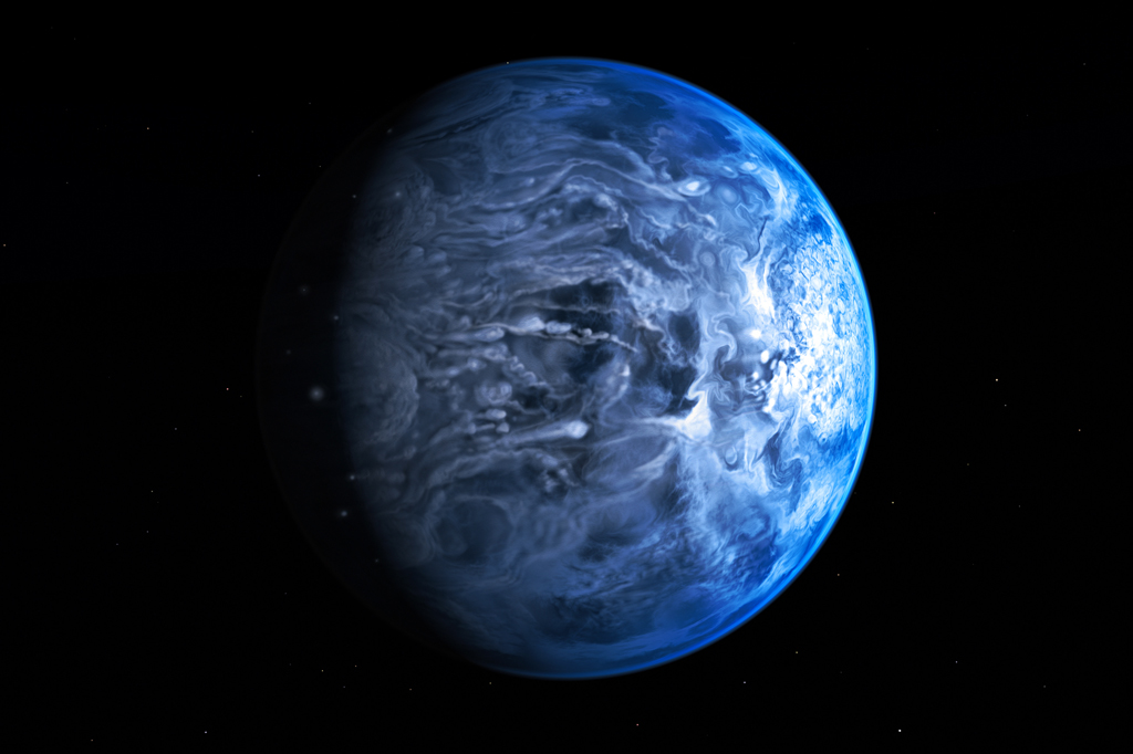 A ilustração mostra o HD 189733b, um planeta extrassolar gigante, parecido com Júpiter.