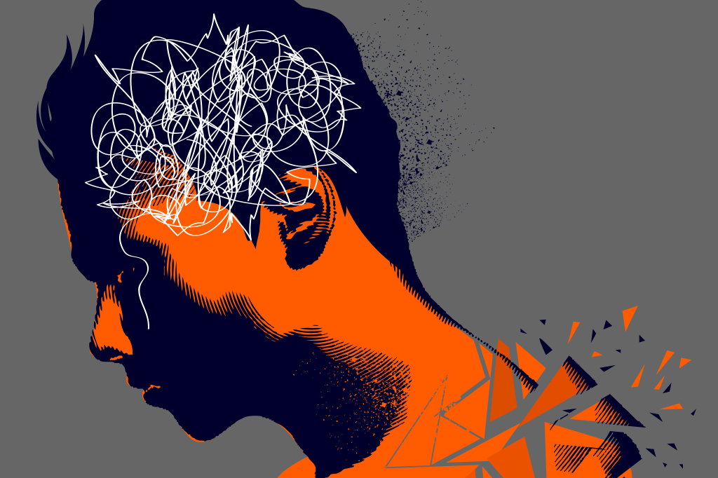 Ilustração de homem com linhas rabiscadas na cabeça (representando depressão) e o corpo se fragmentando (inflamação).