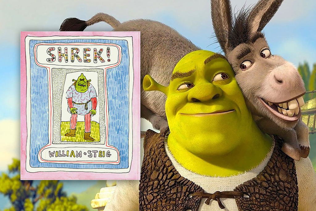 Cena do filme Shrek, com o livro "Shrek!" do lado.