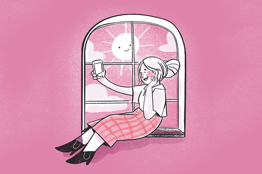 Ilustração de uma mulher tirando uma selfie na janela com um sol sorridente.