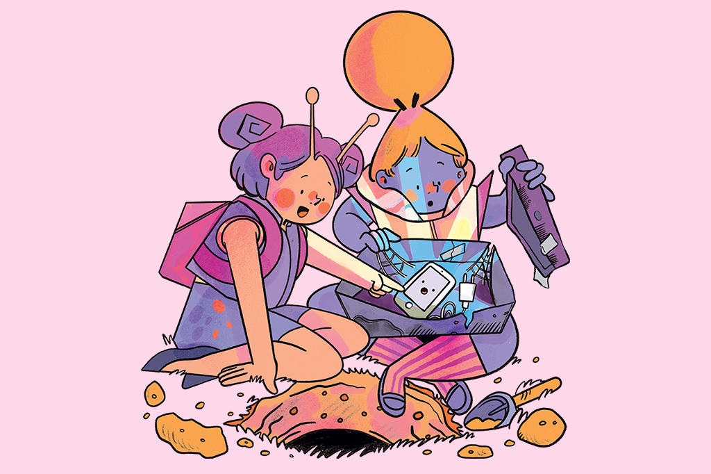 Ilustração de duas meninas do futuro encontrando uma caixa antiga, com um celular carregado e ligado.