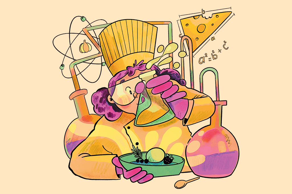 Ilustração de uma chef de cozinha molecular, manuseando equipamentos químicos e segurando um prato.
