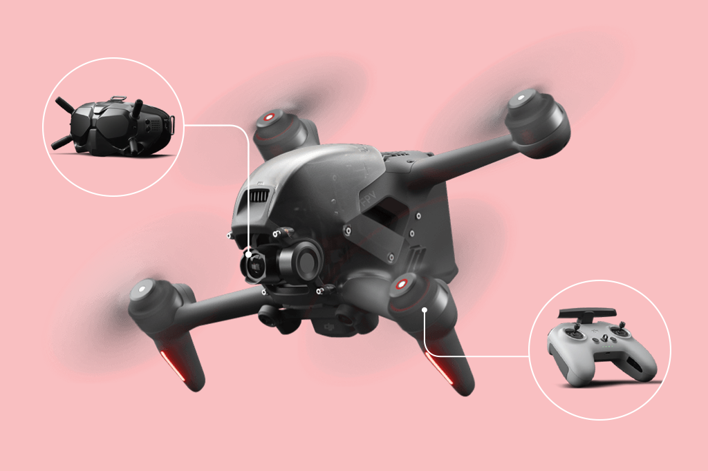 Imagem mostrando o drone e seus acessórios.