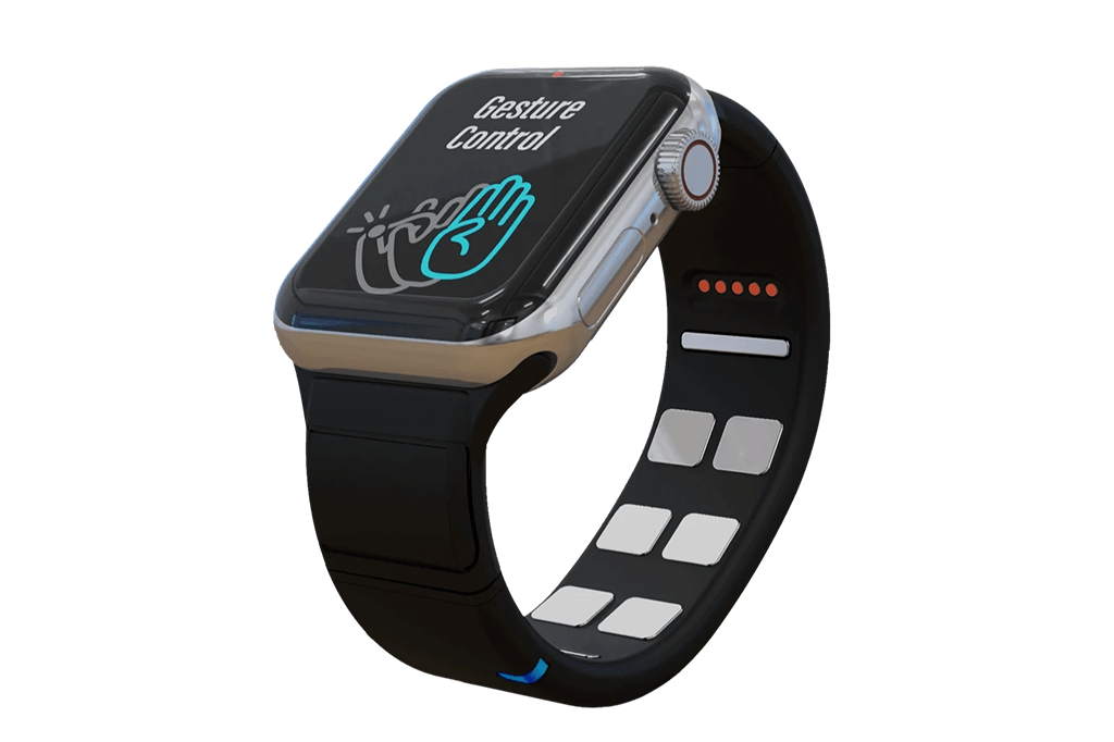 Imagem mostrando a Mudra Band acoplada a um Apple Watch.