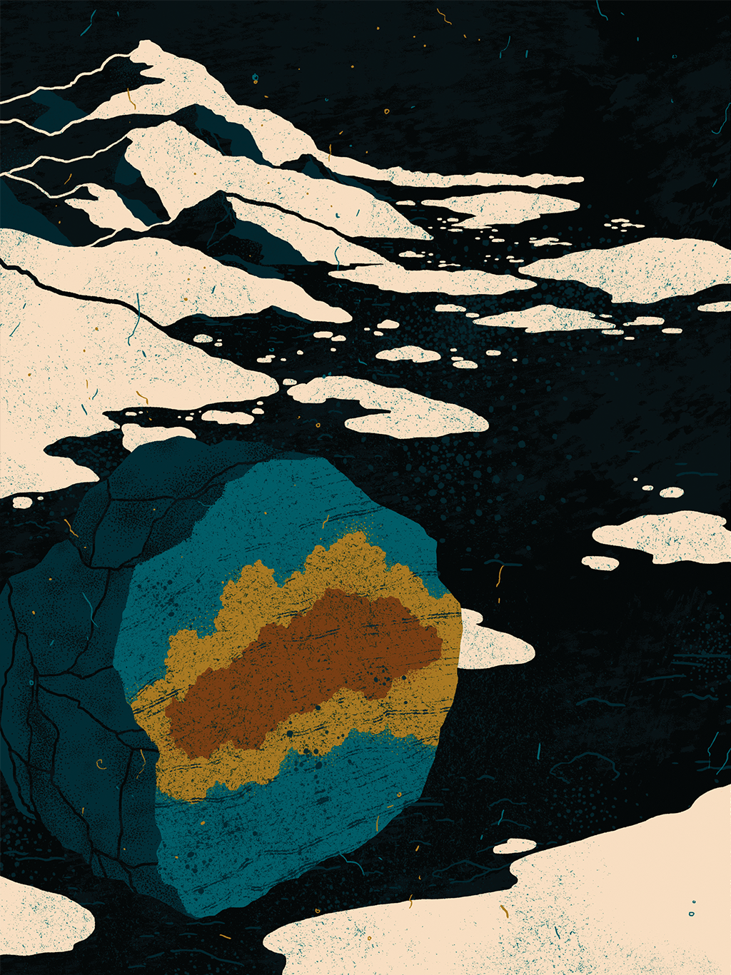 Ilustração de rocha em primeiro plano com coloração diferente no centro representando os microrganismos dentro dela, em meio a um lago seco na Antártica.