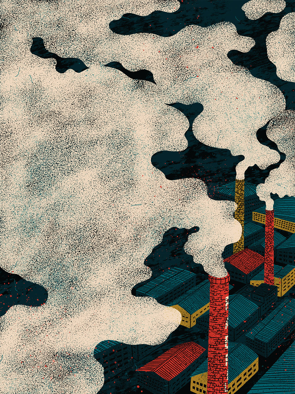 Ilustração com fumaça em primeiro plano saindo de chaminés de fábricas ao fundo.