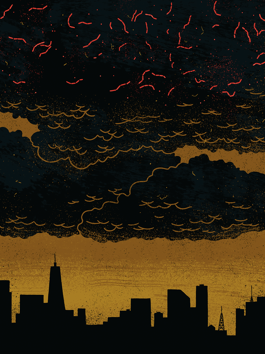 Ilustração de skyline de cidade com nuvens no céu e micróbios acima delas.