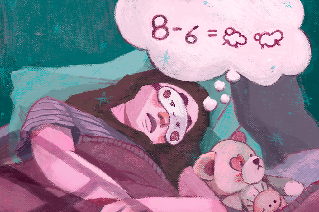 Ilustração de garota dormindo, sonhando com uma conta matemática: "8 - 6 = 2 ovelhas"