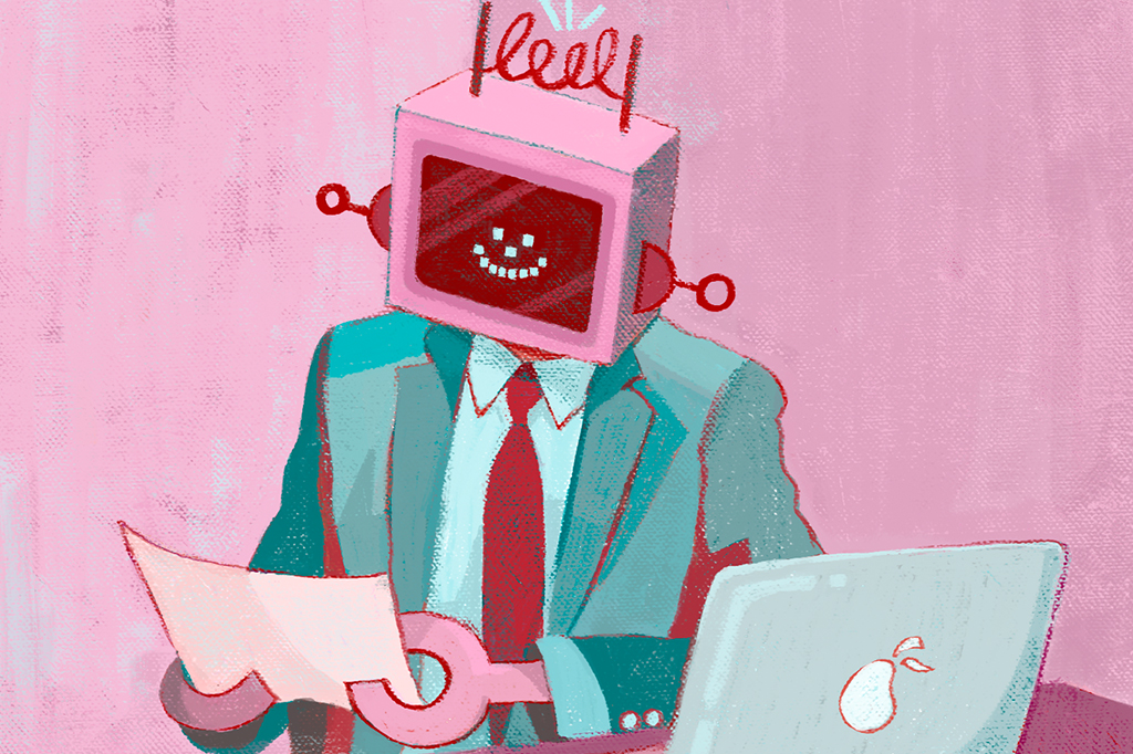 Ilustração de robô de terno analizando um currículo enquanto realiza uma entrevista de emprego.