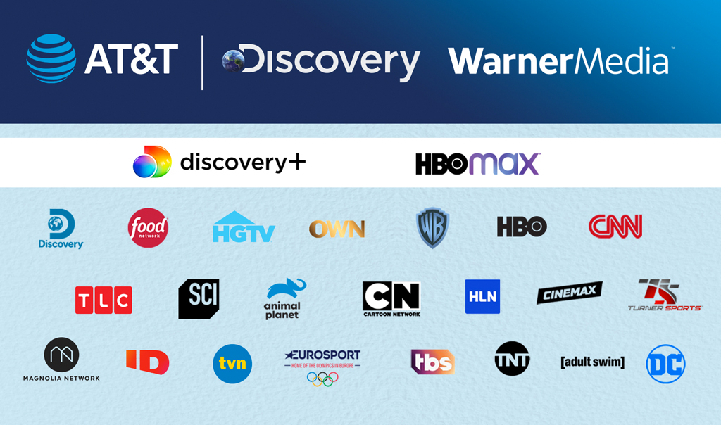 Imagem com todos os logos das marcas que farão parte da fusão entre a Warner e a Discovery.