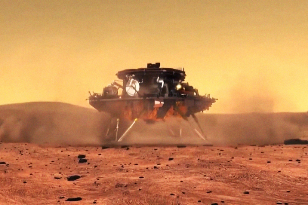 Representação da sonda chinesa pousando em Marte.