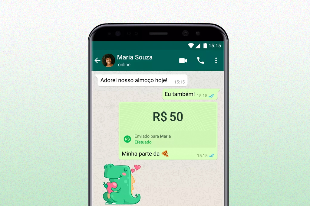 Imagem de uma conversa no celular, com uma pessoa utilizando WhatsApp Pay.