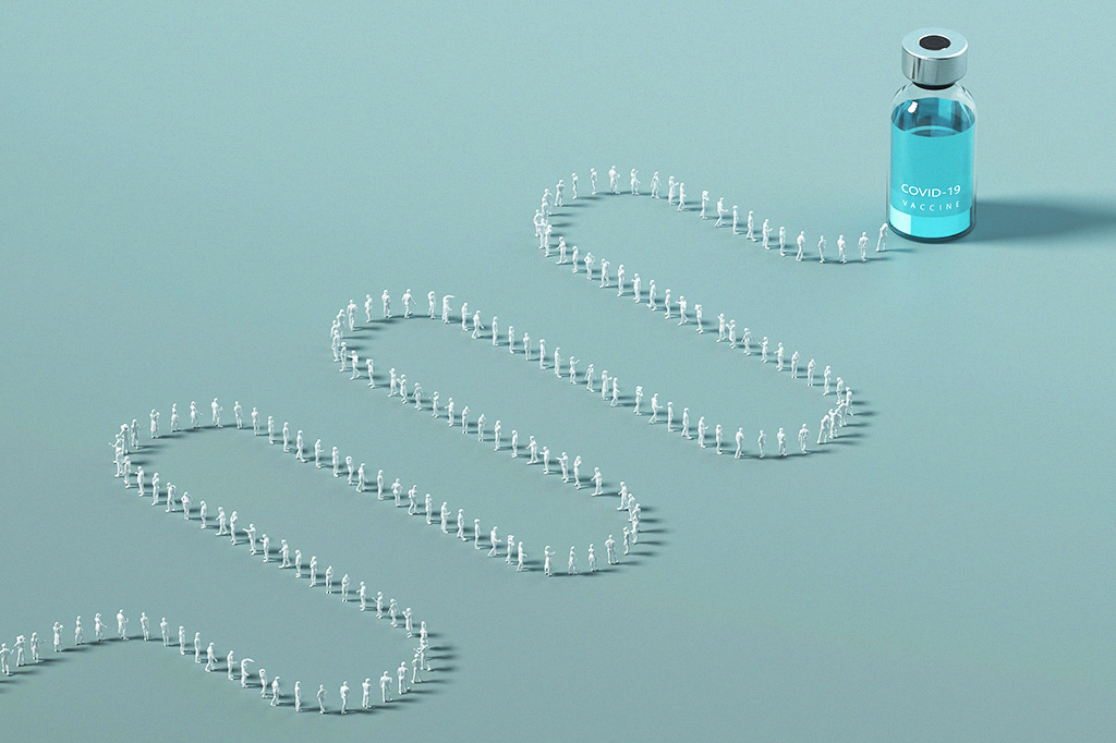 Ilustração em 3D mostrando uma fila gigantesca de pessoas caminhando em direção a um frasco enorme de vacina.