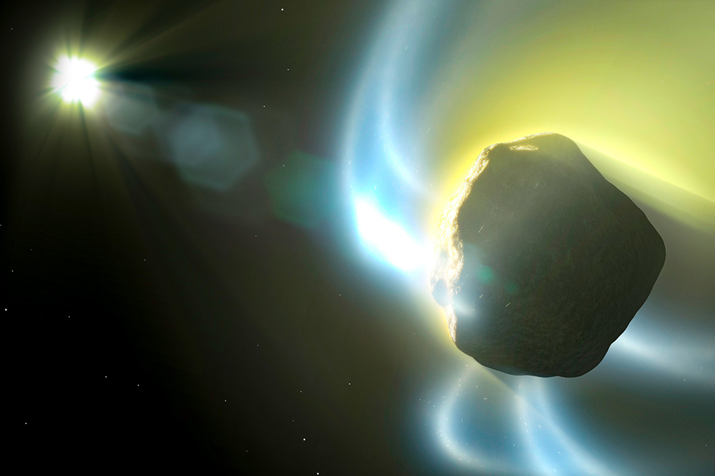 Ilustração realista de cometa viajando no espaço em direção a estrela.