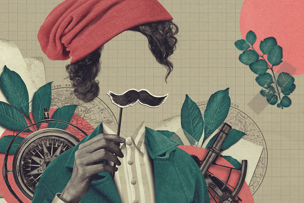 Colagem de Jeanne Baret, sem rosto e segurando um palito com um bigode. Atrás dela, elementos náuticos, círculos, pedaços de papel e plantas completam a composição.