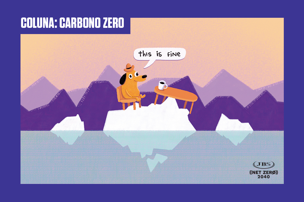 Ilustração de um cachorro de chapéu e uma mesa em um iceberg derretendo e flutuando na água, ao lado de outros pedaços de gelo. O cachorrinho fala "this is fine".