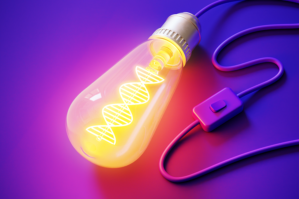 Ilustração 3D de uma lâmpada com filamento imitando o formato de uma fita dupla de DNA.