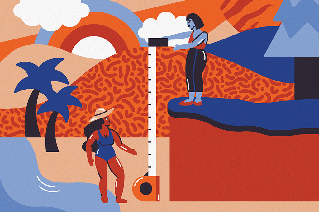 Ilustração mostrando uma mulher na praia e uma em uma montanha, lado a lado, com uma fita métrica enorme no meio, para "medir a altitude".