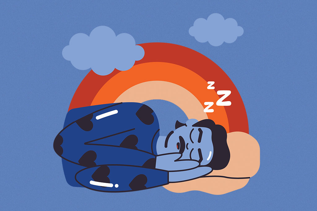 Ilustração mostrando um homem dormindo e sonhando com um arco-íris.