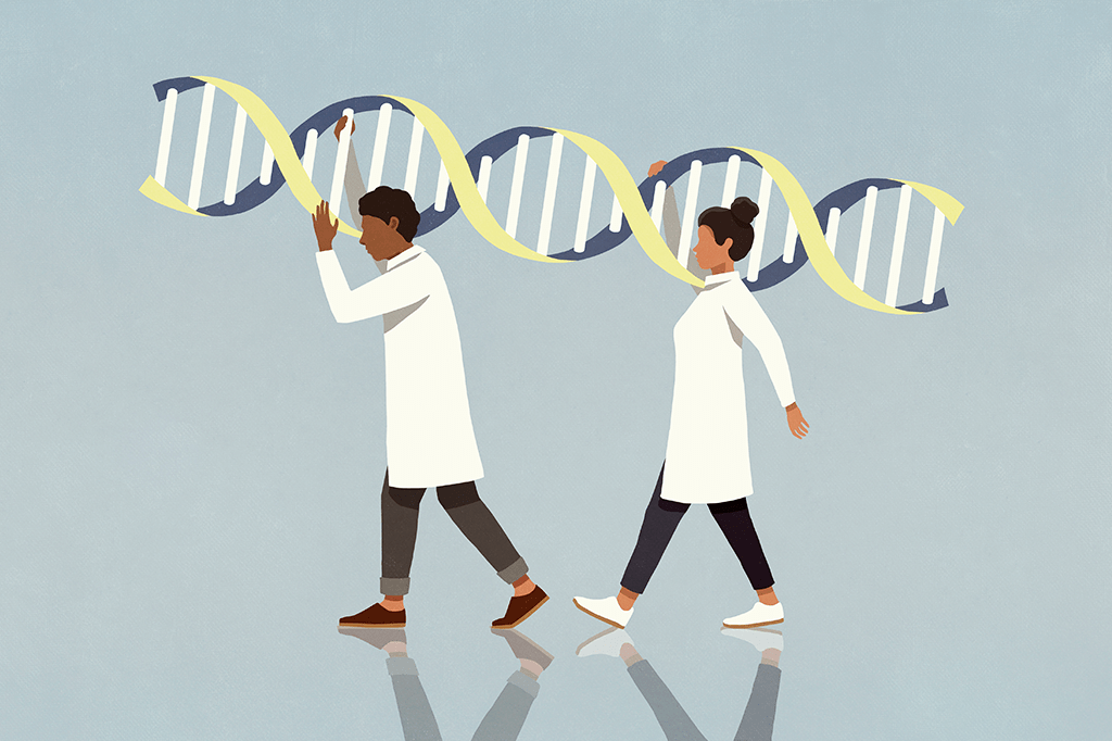 Ilustração mostrando dois cientistas carregando um pedaço DNA gigante.