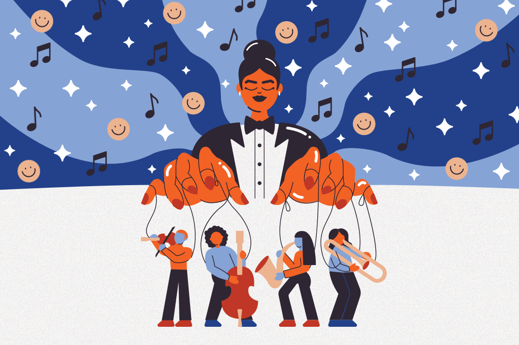 Ilustração retratando uma maestrina conduzindo uma orquestra de pequenas marionetes, controlando as cordinhas.