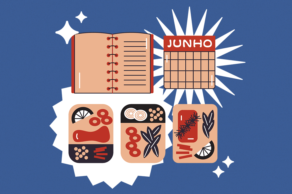 Ilustração mostrando o planejamento de marmitas, com um calendário do mês e vários potinhos cheios de comida.