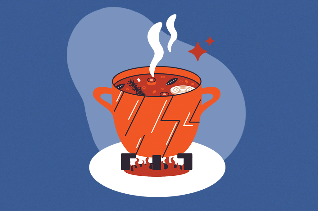 Ilustração mostrando vários talos dentro de um caldo, em uma panelinha, no fogo.