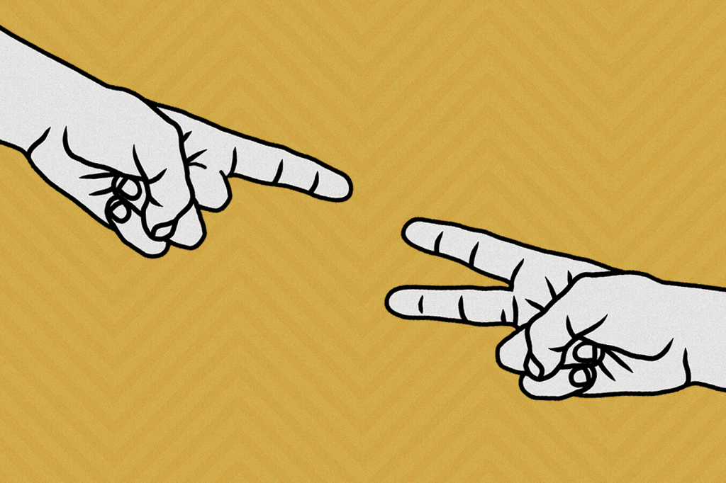 Ilustração de duas mãos fazendo par ou ímpar, uma mostrando o número dois e a outra, o número um.