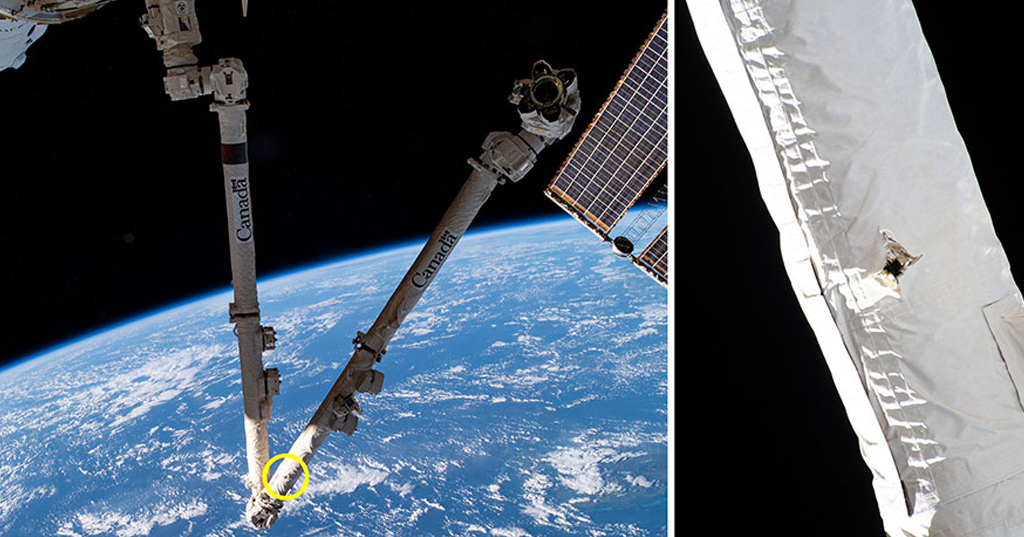 Estas imagens da NASA e da Agência Espacial Canadense mostram a localização de um ataque de detritos espaciais no braço do robô Canadarm2 da Estação Espacial Internacional, detectado em 12 de maio de 2021 e lançado em 28 de maio.