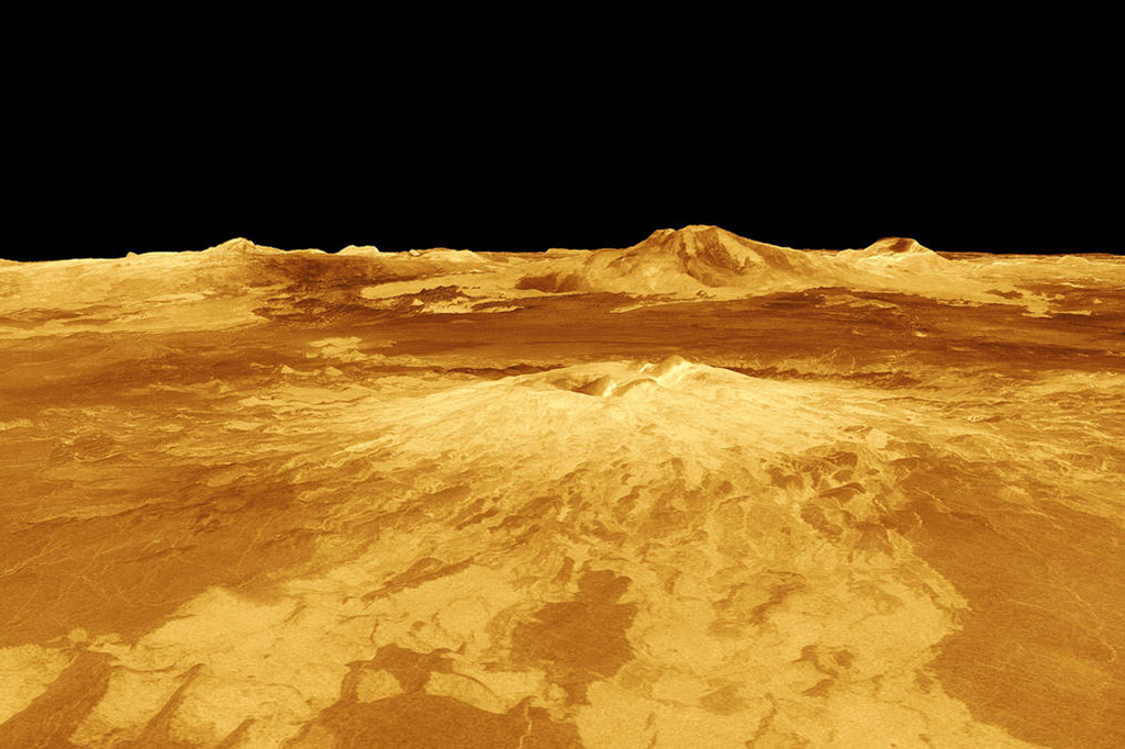 Visão do vulcão Sapas Mons, no planeta Vênus, gerada por computador.
