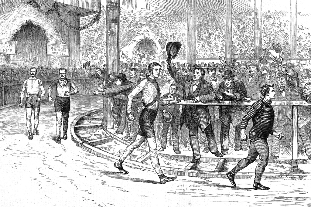 Ilustração de competição de caminhada na Madison Square Garden, Nova Iorque, em 1879.