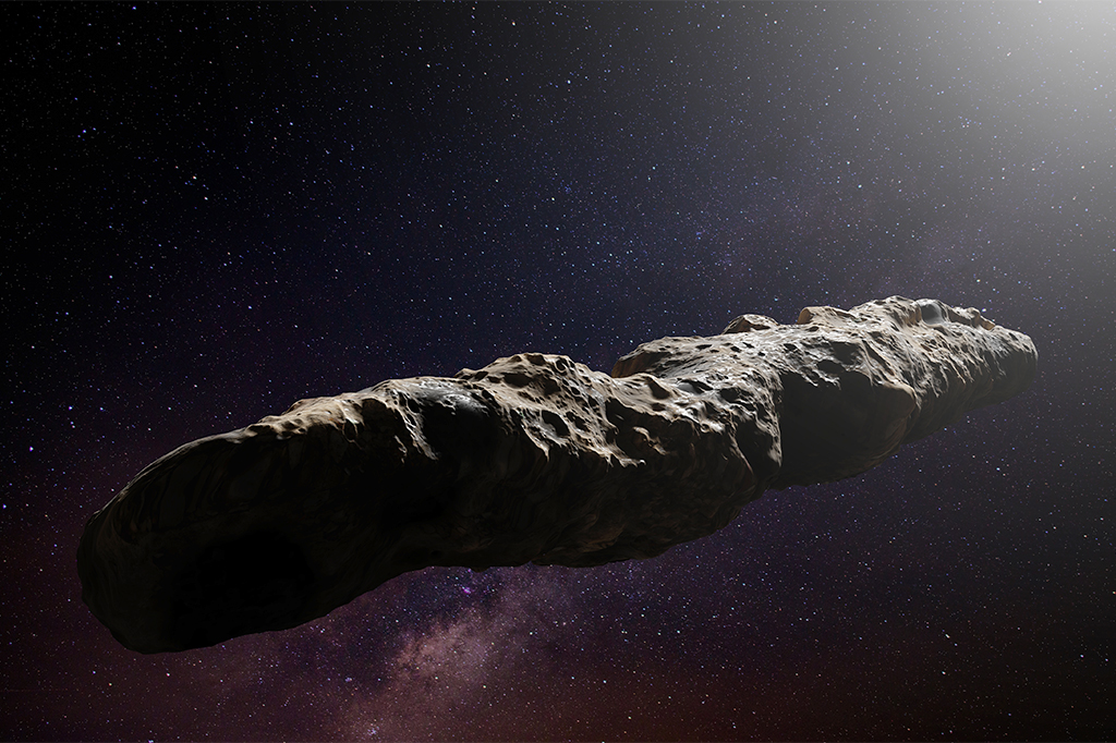 Ilustração 3D do Oumuamua, objeto interestelar descoberto em 2017, que passou perto da Terra.