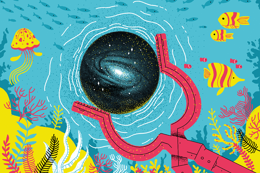 Ilustração de um plutônio com uma galáxia dentro e o mar ao fundo, com peixes e algas.