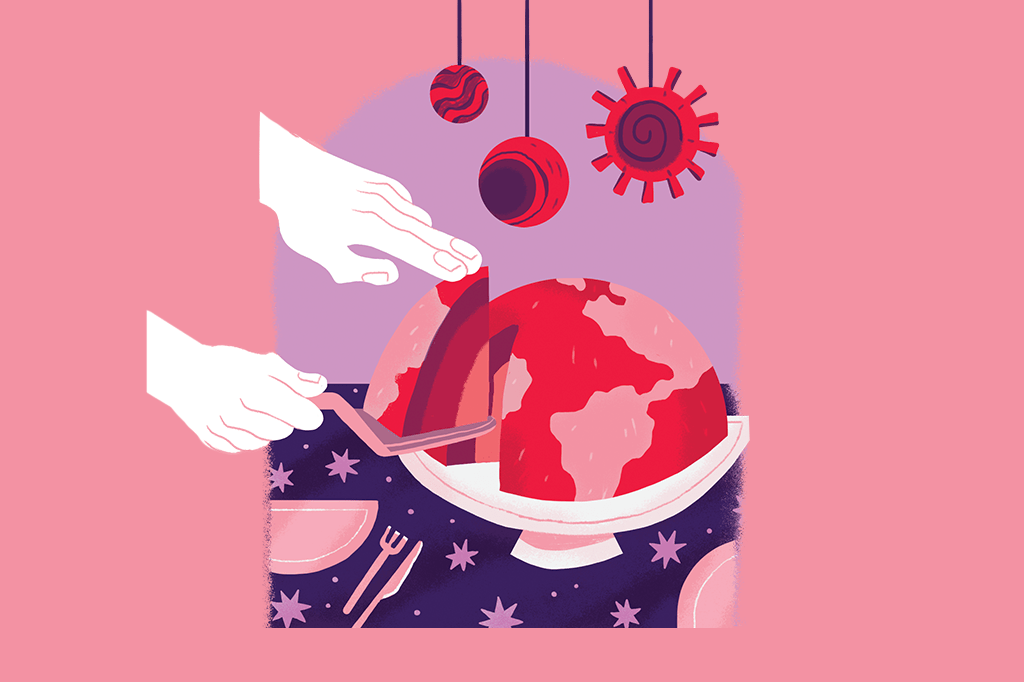 Ilustração mostrando duas mãos cortando um pedaço de um bolo que é o planeta terra. É possível ver as camadas do planeta.