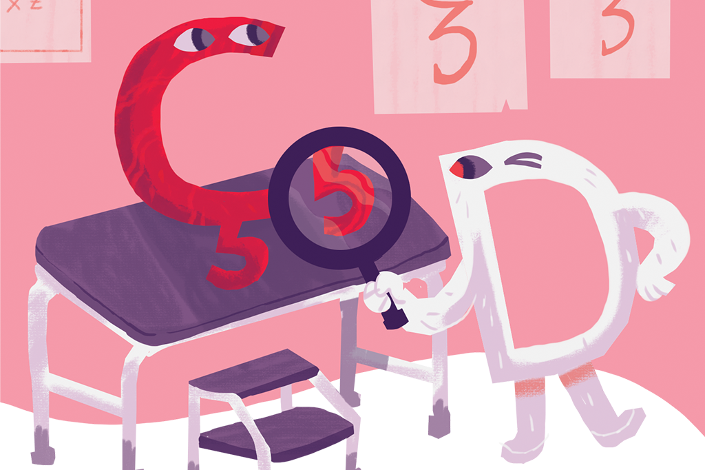 Ilustração mostrando a letra C indo ao médico para analisar a sua cedilha.
