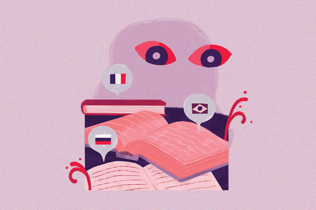 Ilustração mostrando dois olhinhos observando 3 livros, cada um com um balãozinho de fala saindo de dentro deles e contendo as bandeirinhas da França, do Brasil e da Rússia.