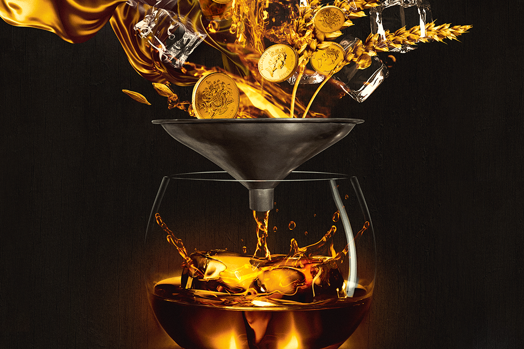 Ilustração mostrando trigo, moedas de ouro e gelo passando por um funil e virando uísque caindo num copo.