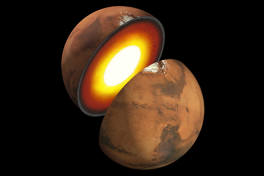 Representação artística mostrando a estrutura interna de Marte.