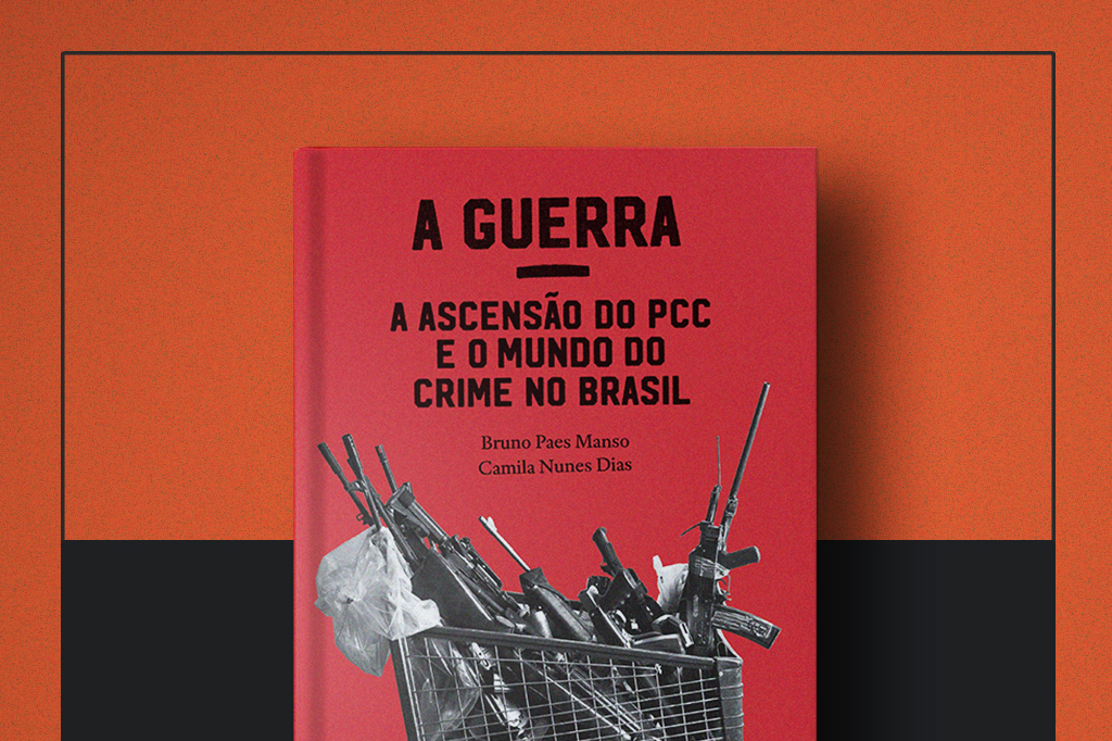 Capa do livro "A guerra: a ascensão do PCC e o mundo do crime no Brasil" no centro da imagem.