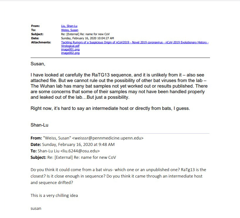 Em emails, cientistas que negaram a tese de vazamento do coronavírus admitiram que ela era possível 2 Printscreen de email entre cientistas admitindo a possibilidade de vazamento do coronavírus.