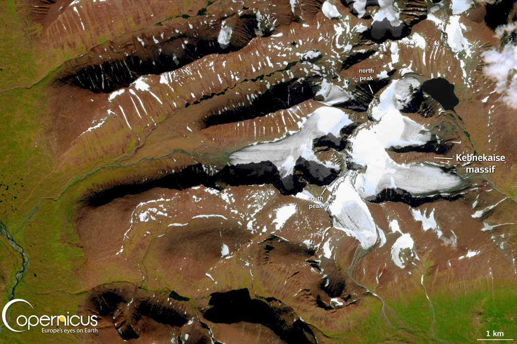 Imagem de satélite mostrando a montanha mais alta da Suécia, a Kebnekaise.