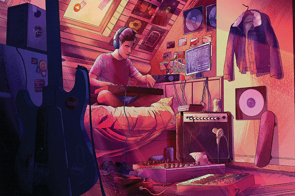 Ilustração de um homem num quarto cheio de instrumentos na mesa e no chão, gravando música lo-fi.
