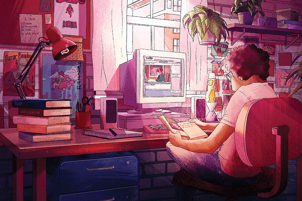 Ilustração de uma menina estudando numa escrivaninha cheia de livros, fotos e cartazes na parede e ouvindo lo-fi no computador.